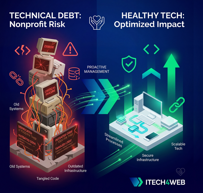Infographic comparing technical debt risks to healthy optimized tech infrastructure by ITechWeb.